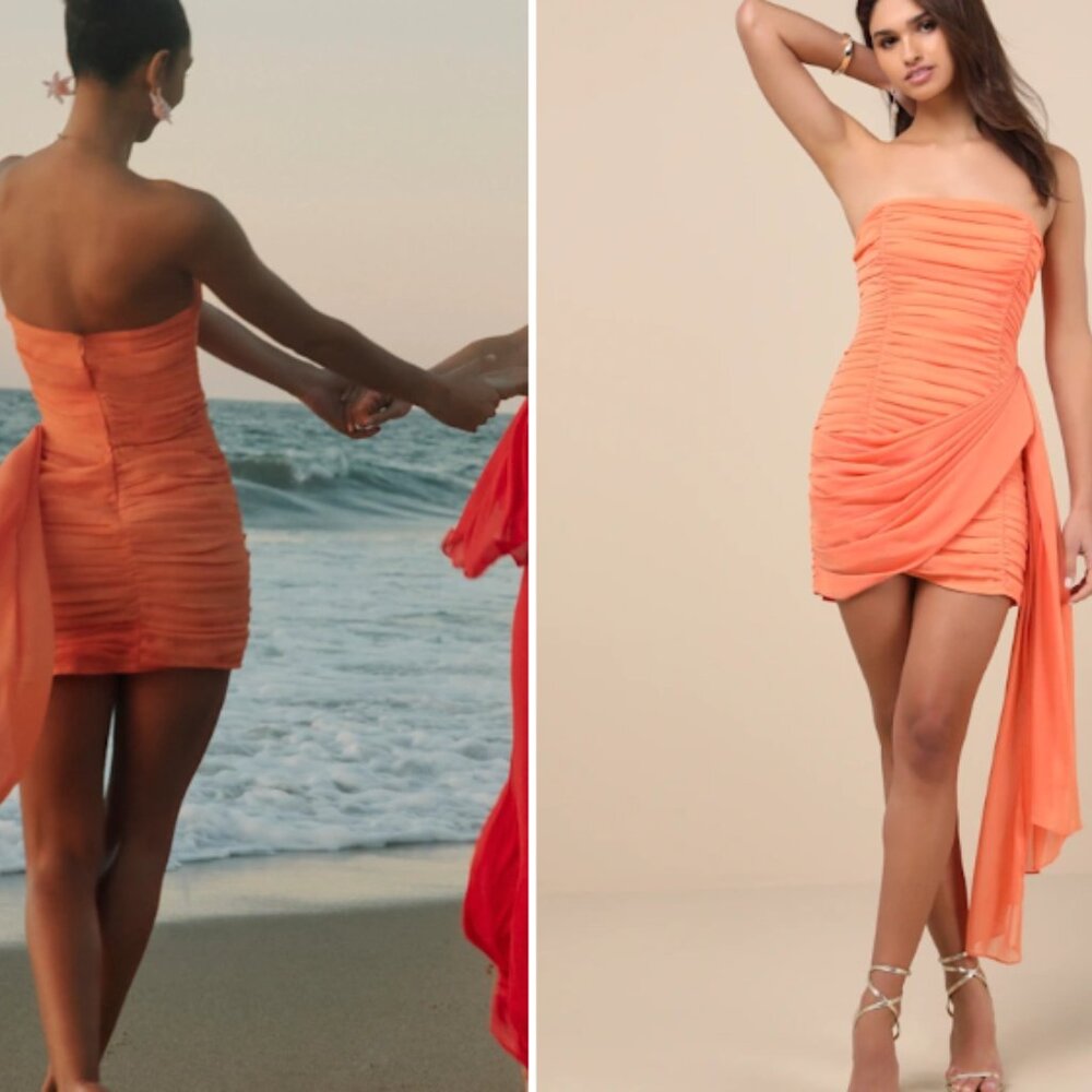 Lulus Exceptional Beauty Orange Ruched Strapless Bodycon Mini Dress - Size XS - Picture 6 of 8